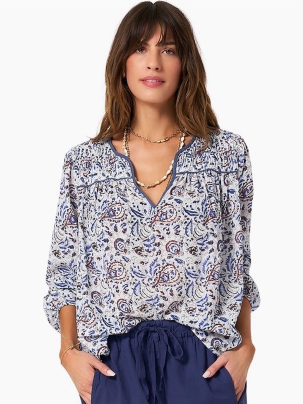 Xirena Emryn Blouse XL Blue, Cream, Brown